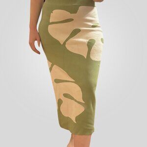 Anthropologie Olive Green Graphic Knit Midi Skirt